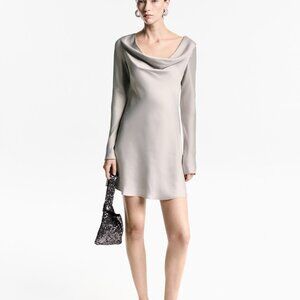 MANGO NWT Long sleeve, drape neck satin dress